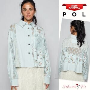 POL Floral Pattern Long Sleeves Lace Panel Details Oversized Shirt | Pastel Blue